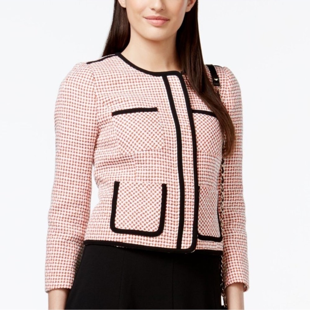 CeCe Textured Tweed Zip Up Jacket Coral Pink Black career 8